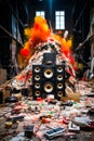 Large group of speakers sitting on top of pile of trash. Generative AI