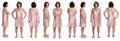 Large group of various photos of the same woman with nightgown on white background, front, rear and side view