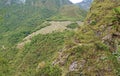 Large Group of Visitors Climbing to the Condor Shaped Machu Picchu Incas Citadel Ruins, View from Mt. Huayna Picchu, Peru Royalty Free Stock Photo