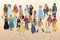 Large group of women of different nationalities and races. Modern women. Vector flat illustration in cartoon style