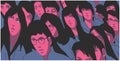 Stylized illustration of large group of asian students protesting