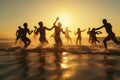 Large group of young friends having fun and running on the sunset beach, summer vacation concept. Generative AI Royalty Free Stock Photo