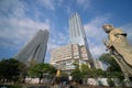 Large Gyanyin statue at Seema Malakaya temple, over Beira Lake, juxtaposes with skyscrapers of Colombo City Mall & Altair Condo