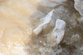 Large gypsum rock or stone surrounded by water. Big wet calcite washed in the river shore with lots of waves. Semi Precious