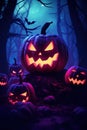 Large Halloween Jack-o& x27;-lantern pumpkin among other one in blue-violet terrible forest.