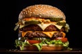 large hamburger on a black background, created by Generative AI