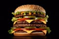 large hamburger on a black background, created by Generative AI