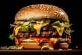 large hamburger on a black background, created by Generative AI