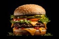 large hamburger on a black background, created by Generative AI