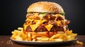 A large hamburger with cheese and meat on top of french fries, AI