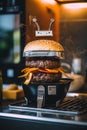 A large hamburger sitting on top of a grill. Generative AI image.