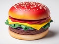 A large hamburger in the style of isometry made of plastic.