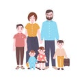 Large happy family portrait. Smiling mother, father, and children standing together. Adorable funny cartoon characters