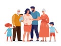 A large happy family is standing and hugging. Several generations, grandparents, parents with children, grandchildren. Flat