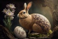 A large hare near a painted egg and a bouquet of daffodils on a dark background, the hare is sitting on a moss