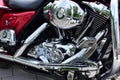 large Harley Davidson motorcycle engine block closeup view. beautiful shiny chrome finish. V engine.