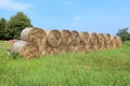 Large hay bales stacked and left to dry for storage with trees and clear blue sky in background Royalty Free Stock Photo