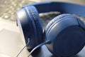Headphones on the laptop, on the background of the keyboard. Royalty Free Stock Photo