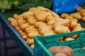 Large heap of fresh ripe organic potatoes on farmer market in Paris Royalty Free Stock Photo