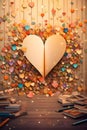 Large heart around the book, pencils and colorful confetti hearts. New Year\'s party and celebra Royalty Free Stock Photo