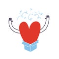 A large heart jumps out of a blue gift box. A loving doodle character in the form of a red heart throws out his hands, appearing