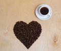 Large heart made of coffee beans and a cup of coffee on a light wooden background, top view Royalty Free Stock Photo