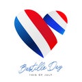 Large heart with a ribbon in the colors of the French flag. Bastille Day - July 14th. National holiday in France Royalty Free Stock Photo