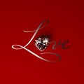 Large heart-shaped diamond as the letter `O` in the handwritten word LOVE on a red background. Royalty Free Stock Photo