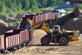 Large heavy front-end loader loading sand it to the freight train. Heavy mining work in a quarry. All-wheel bulldozer for Royalty Free Stock Photo