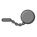 Large heavy iron metal round weight with a handcuff and chain, shackles for slaves and prisoners of criminals isolated on a white