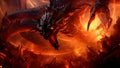 A large hell dragon flying through a fire filled sky above rocky lava landscape, neural network generated image