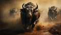 Large herd of buffalo running through the African savannah generated by AI Royalty Free Stock Photo