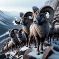 Large Herd Rams Bighorn Winter Wilderness Sheep Wildlife Snowy Rocky Mountains Canada AI Generated Royalty Free Stock Photo