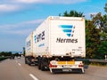 Large Hermes white truck transporting parcels autobahn Royalty Free Stock Photo