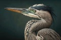 large heron with head turned to side on grey green background