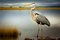 large heron standing on long thick legs on shore of lake