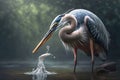 large heron stands on legs and eats fish in slow-moving water