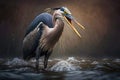 large heron stands on legs and eats fish in slow-moving water