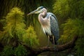 large heron with white belly standing on branch among green trees
