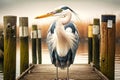 large heron with white neck stands on wooden pier