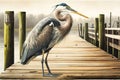 large heron with white neck stands on wooden pier