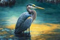 large heron with yellow beak floats in turquoise water of river