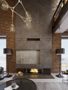 Large high concrete fireplace with built-in firebox with burning fire. Two black floor lamps Royalty Free Stock Photo