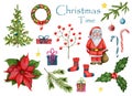 LargÃÆ holiday watercolor set `Christmas time`. Santa Claus, Christmas wreath and tree, poinsettia, holly, sprig of viburnum