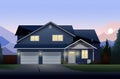 a large home at dusk near a brick garage Royalty Free Stock Photo