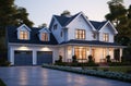 a large home at dusk near a brick garage