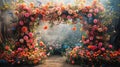 a large hoop embellished with flowers, forming the centerpiece of a delightful photo zone against a serene, light