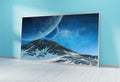 Large horizontal frame leaning on a blue wall 3D rendering Royalty Free Stock Photo