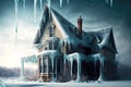 large house and hanging icicle on house covering completely windows Royalty Free Stock Photo