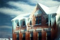 Large house and hanging icicle on house covering completely windows Royalty Free Stock Photo